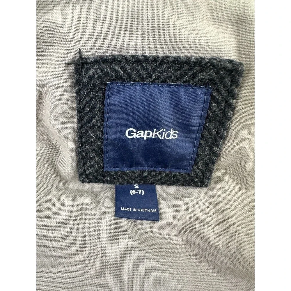 Gap Kids Boys Gray Herringbone Coat Zip Wool Blend Snap Mock Neck Kids Small 6-7